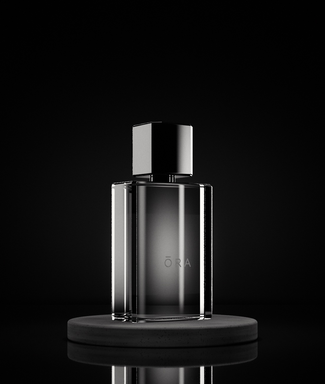 Glass perfume bottle with a heavy cap on a stone plinth, lit against black