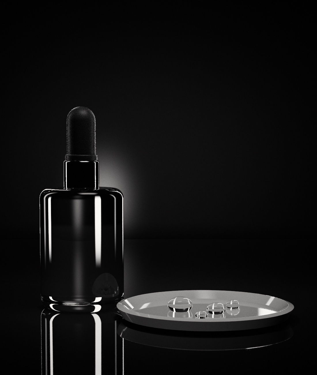 Frosted dropper bottle beside a ceramic dish with droplets